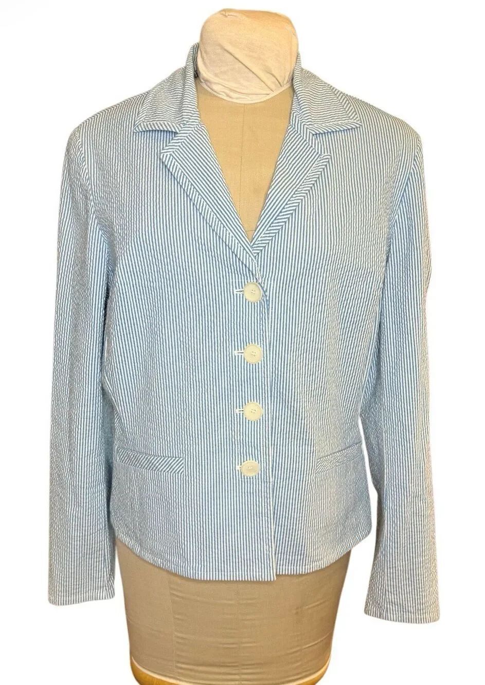 Talbots Seersucker Blazer Unlined Sz. 18 Blue/White 4-Button Front Office Resort
